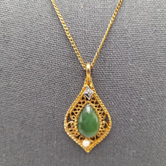 Vintage Genuine Jade Cultured Pearl Pendant Necklace Pat Pend 1970s - Picture 1 of 9